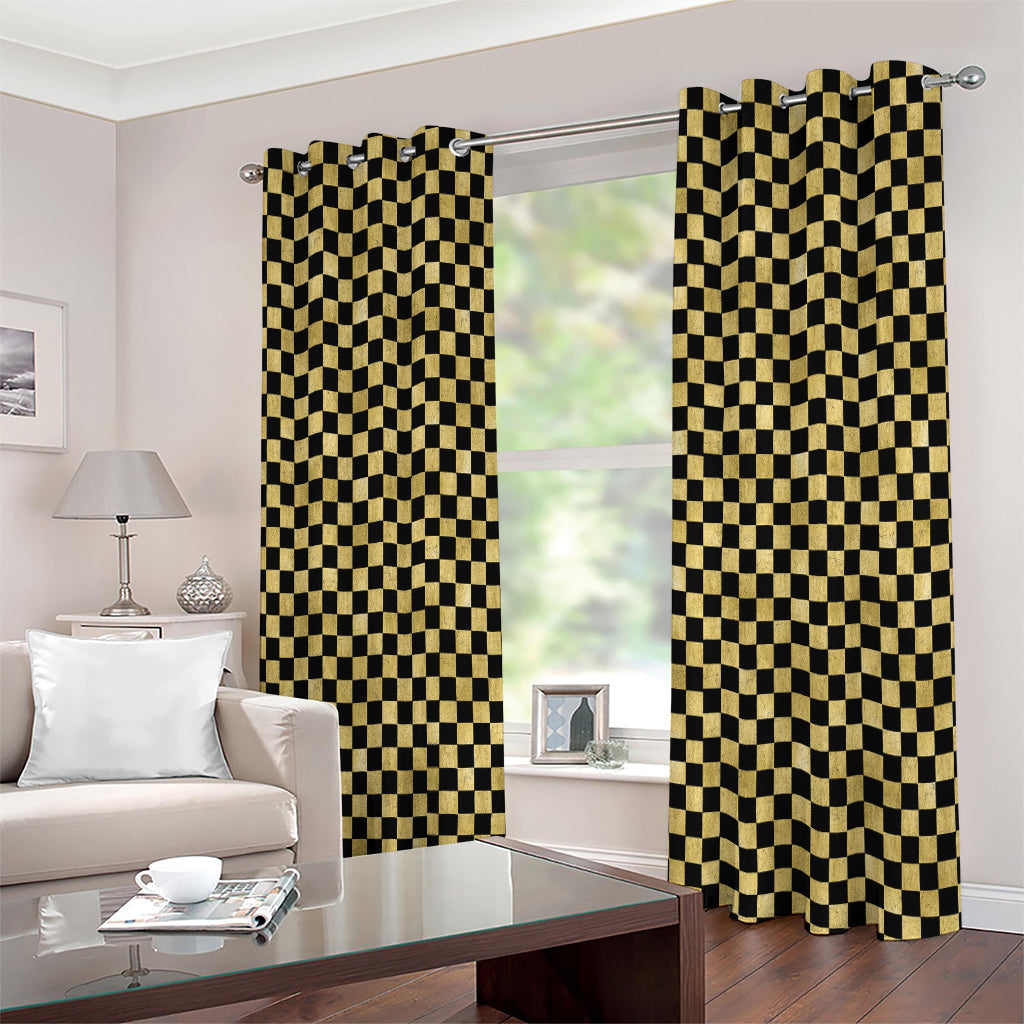 Gold And Black Checkered Pattern Print Extra Wide Grommet Curtains