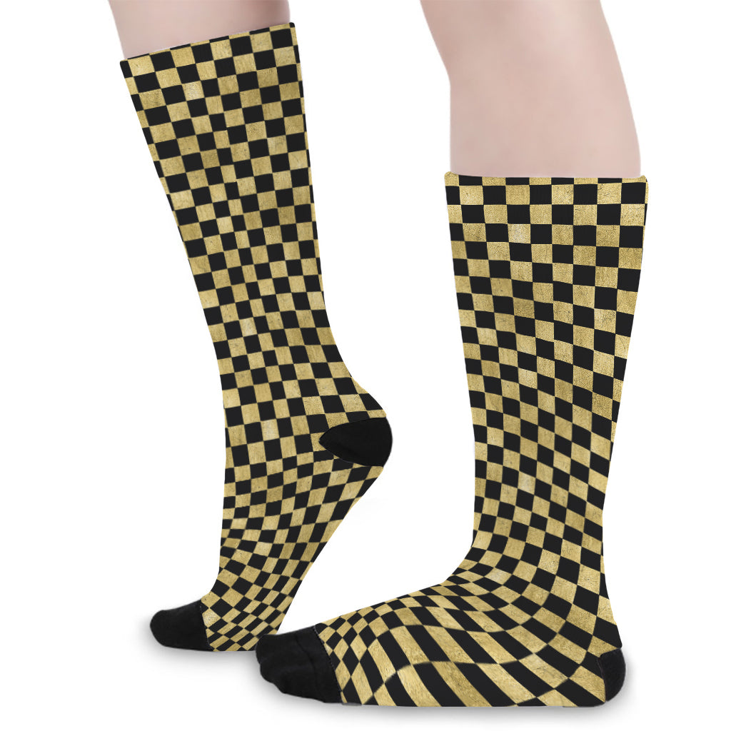 Gold And Black Checkered Pattern Print Long Socks
