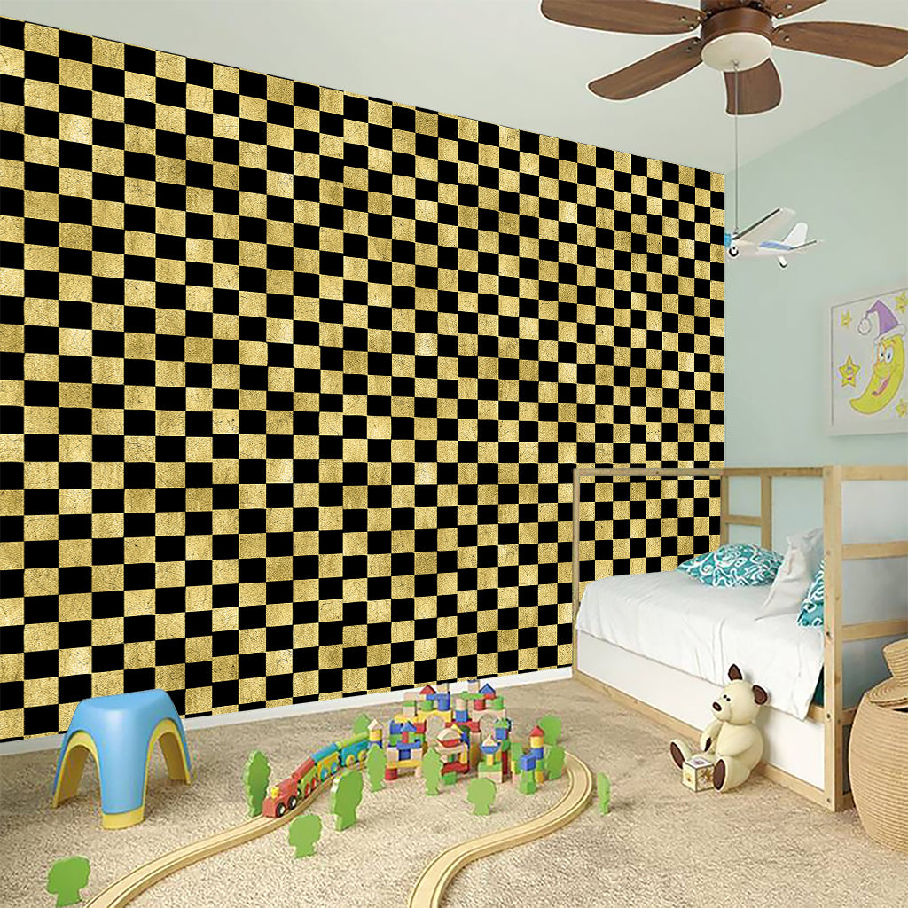 Gold And Black Checkered Pattern Print Wall Sticker