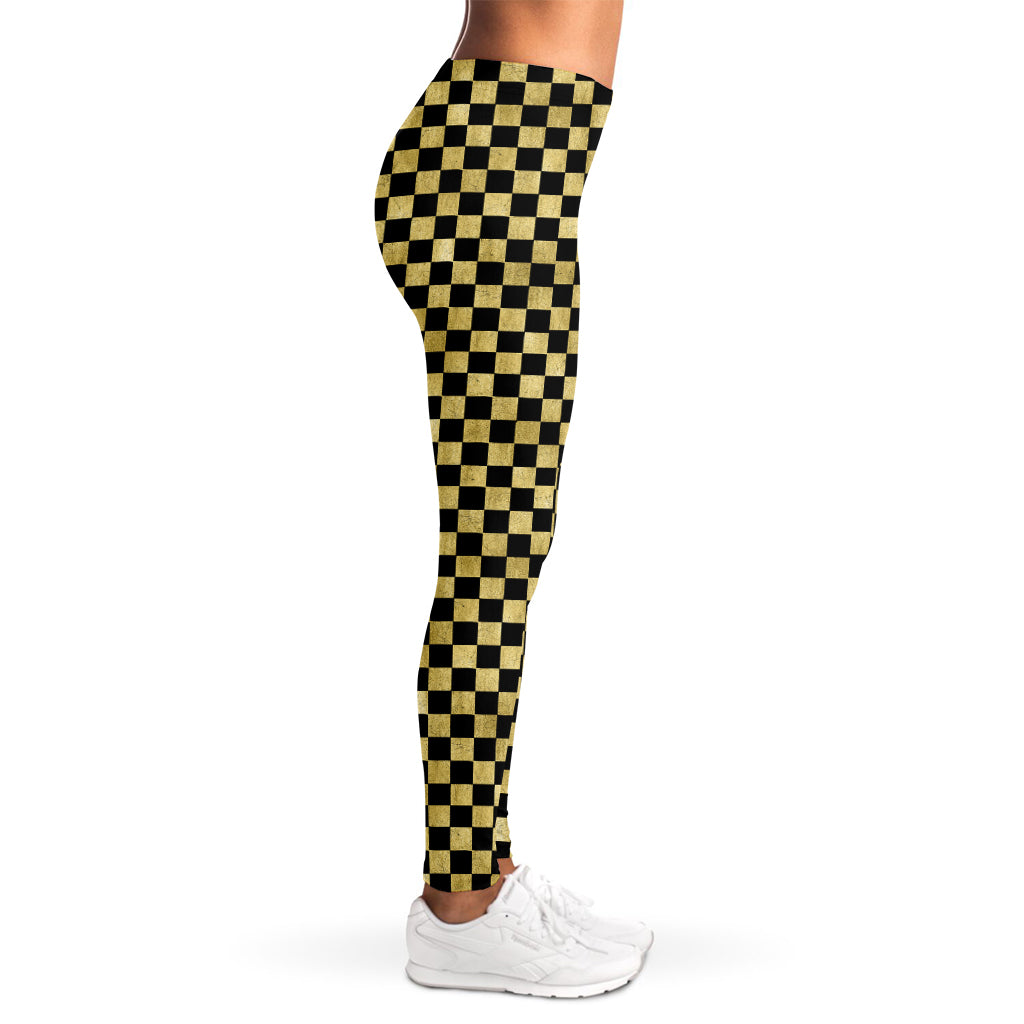 Gold And Black Checkered Pattern Print Women's Leggings