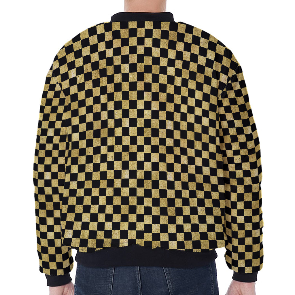 Gold And Black Checkered Pattern Print Zip Sleeve Bomber Jacket