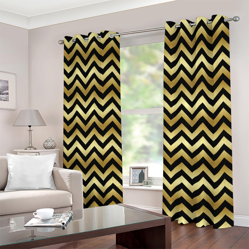 Gold And Black Chevron Pattern Print Extra Wide Grommet Curtains