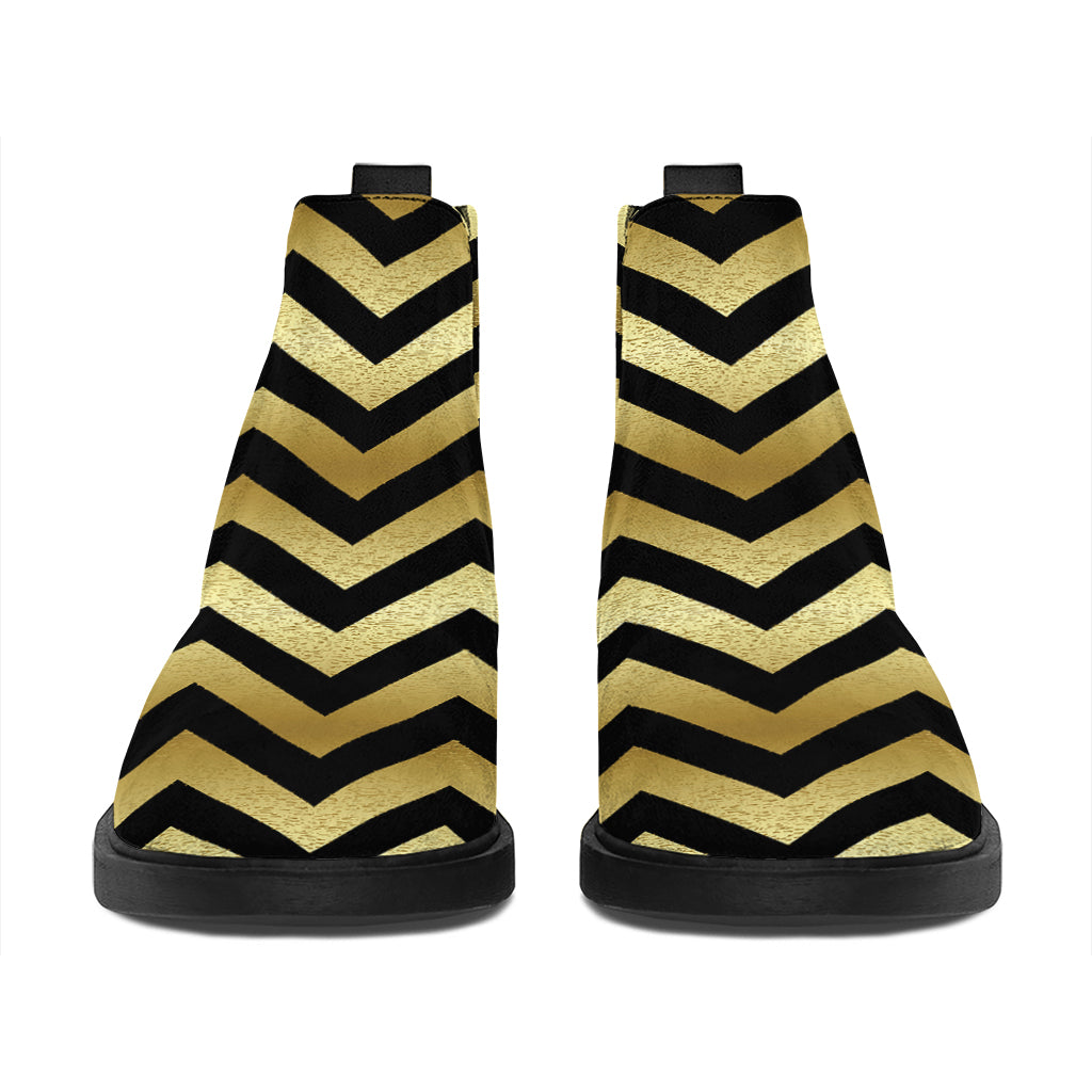 Gold And Black Chevron Pattern Print Flat Ankle Boots