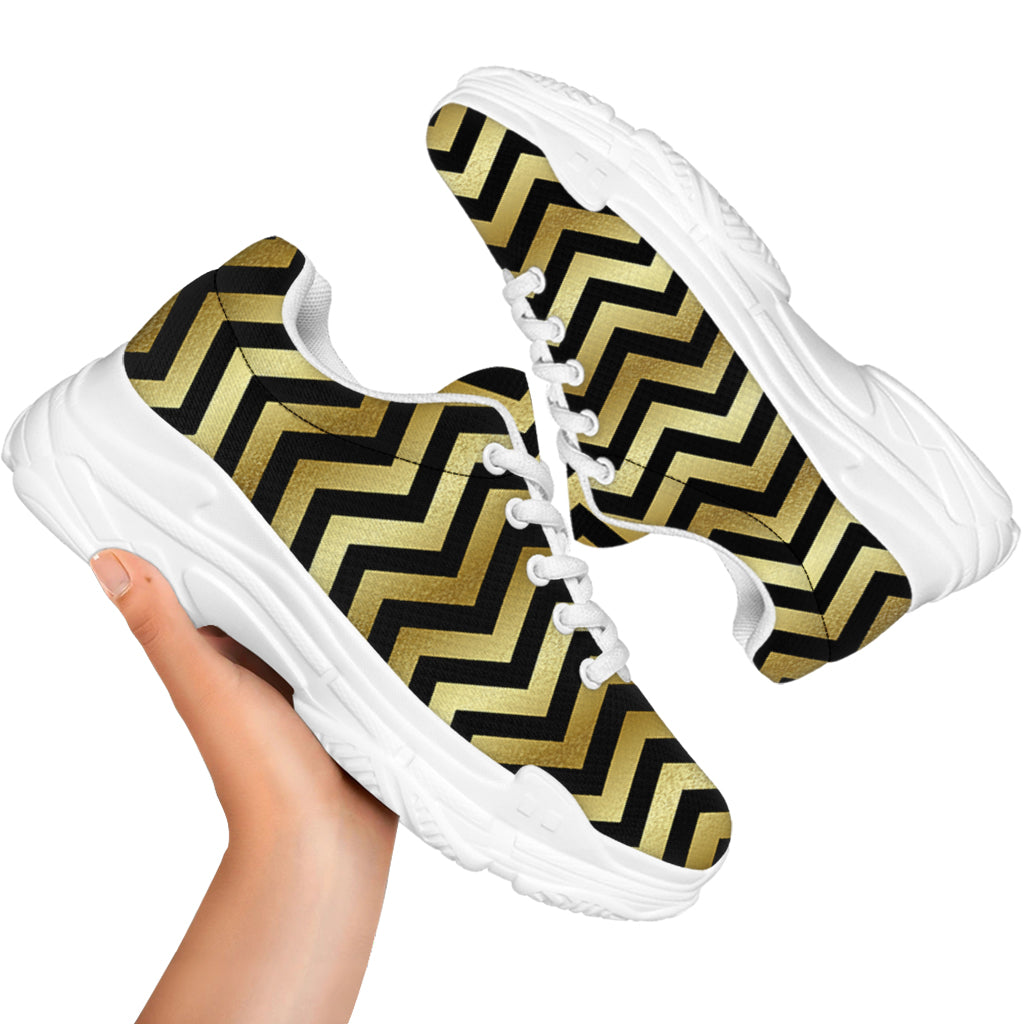 Gold And Black Chevron Pattern Print White Chunky Shoes
