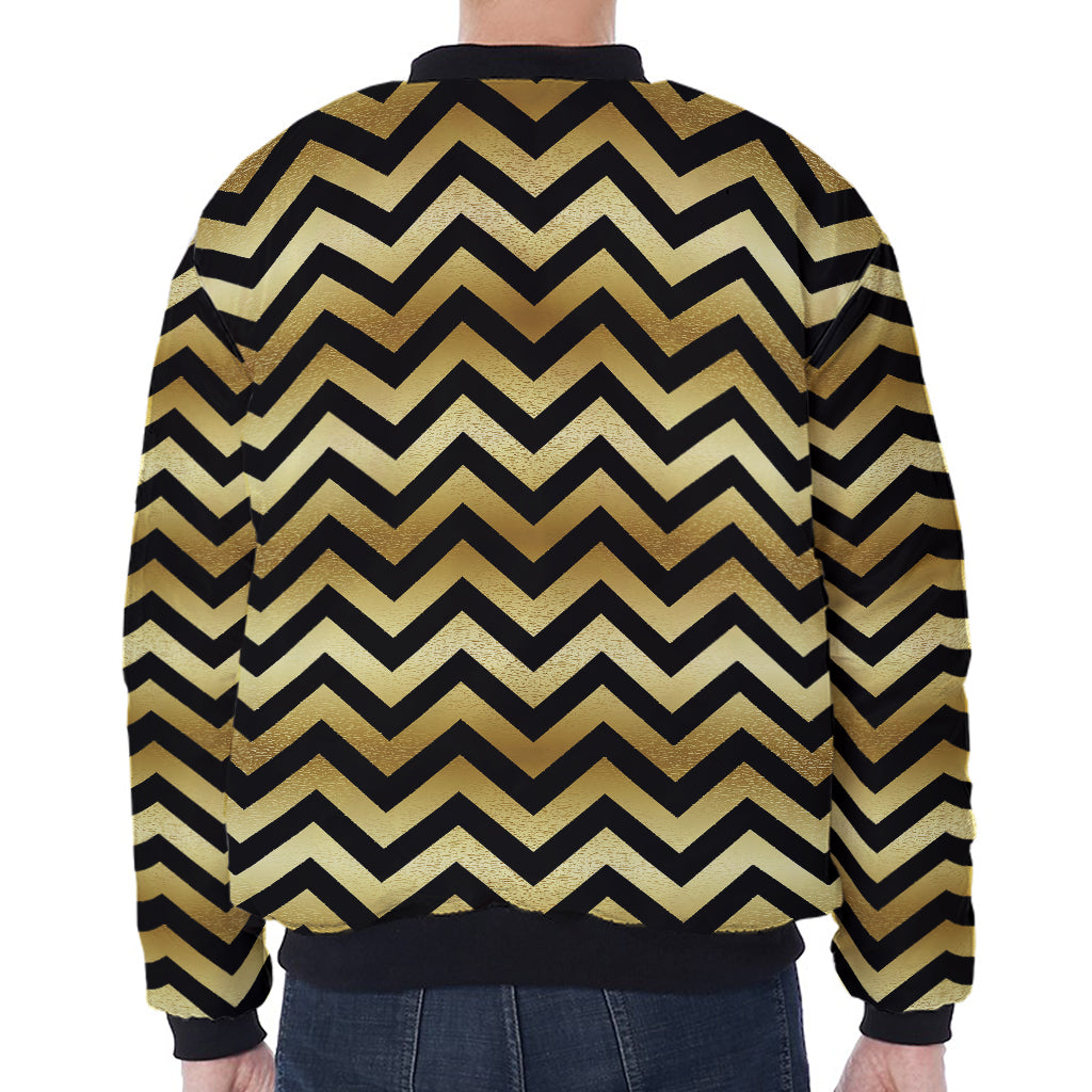Gold And Black Chevron Pattern Print Zip Sleeve Bomber Jacket