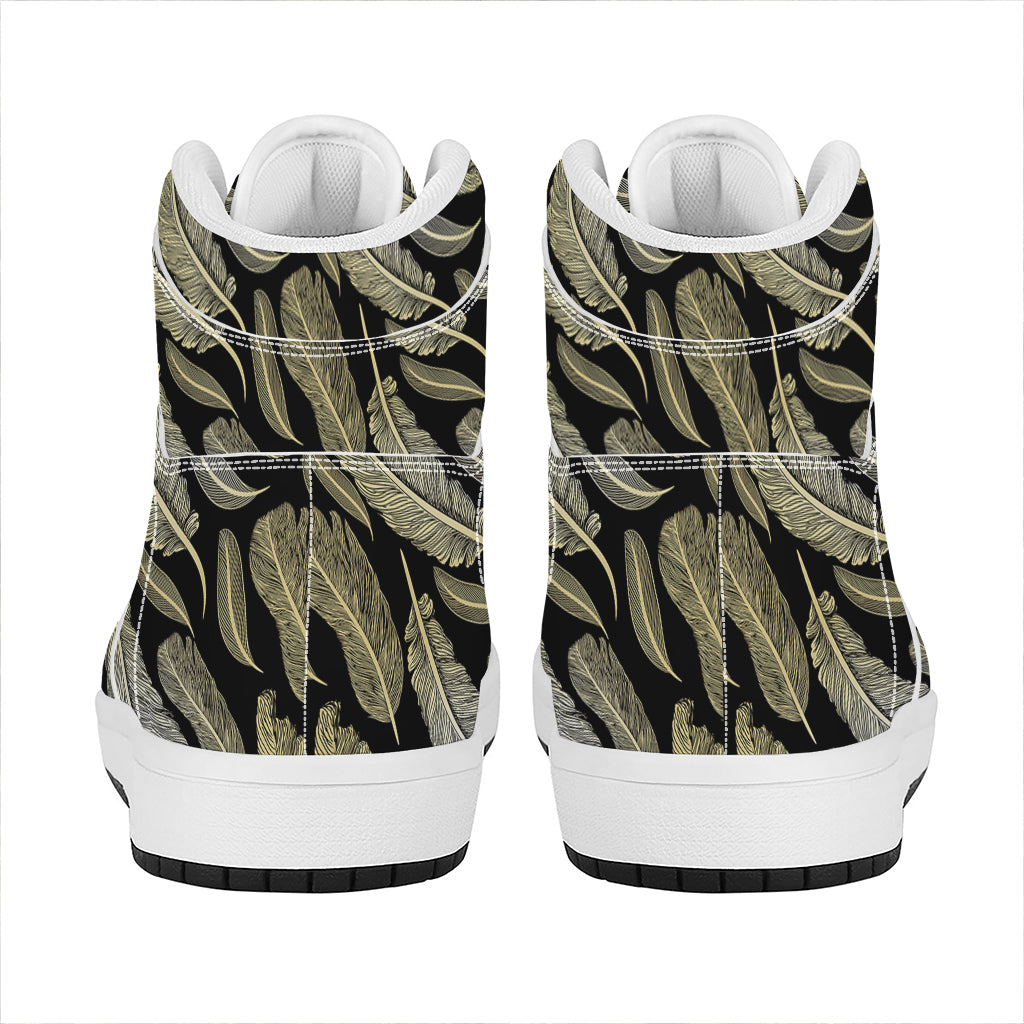 Gold And Black Feather Pattern Print High Top Leather Sneakers