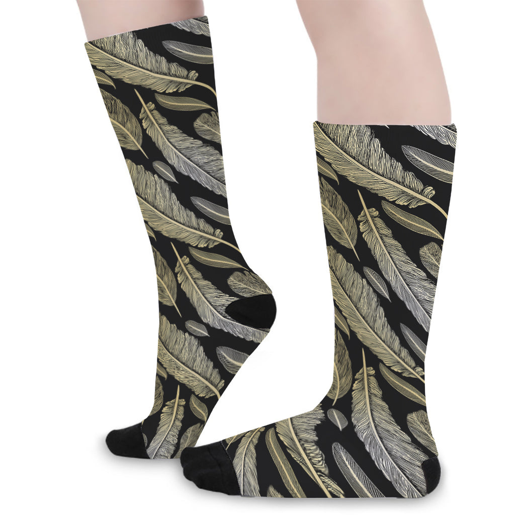 Gold And Black Feather Pattern Print Long Socks