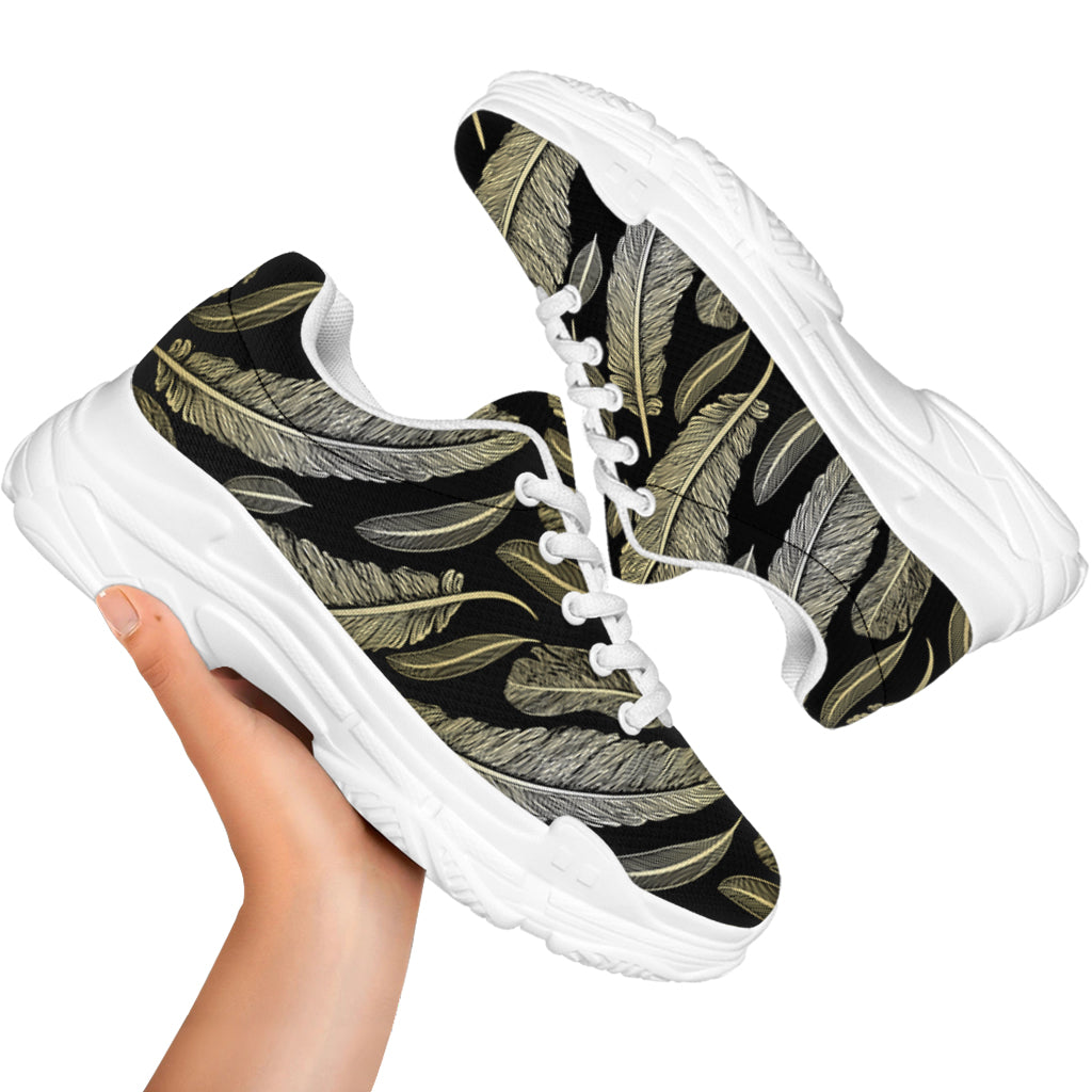 Gold And Black Feather Pattern Print White Chunky Shoes