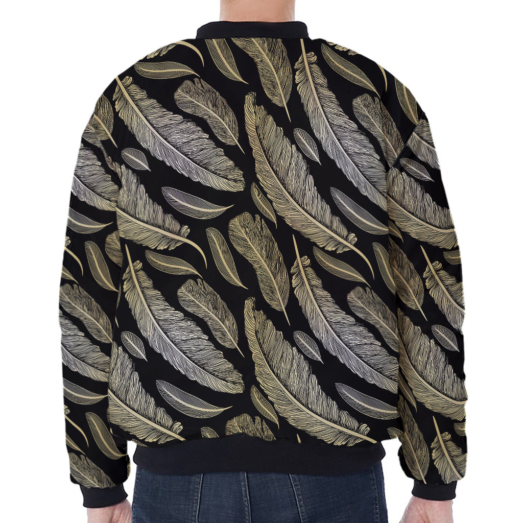 Gold And Black Feather Pattern Print Zip Sleeve Bomber Jacket