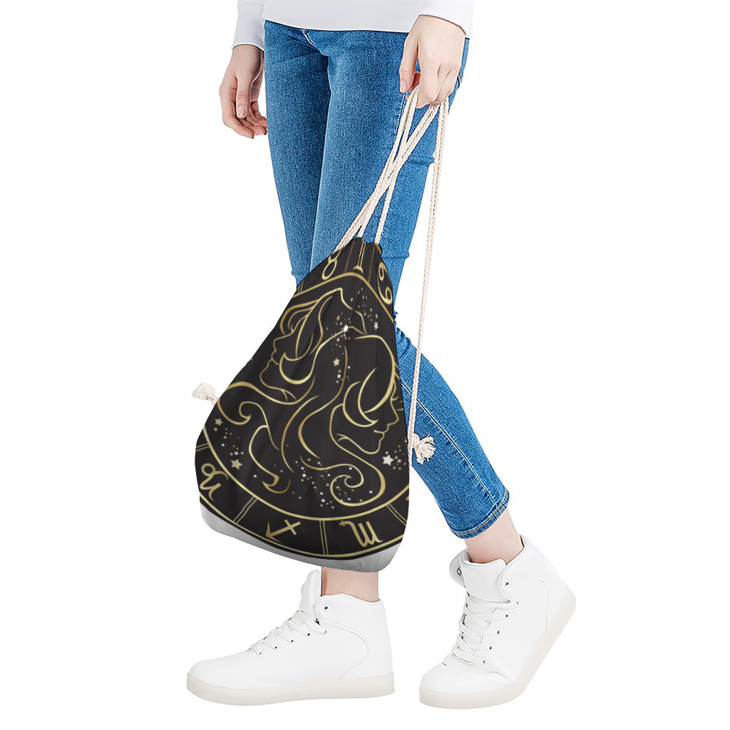 Gold And Black Gemini Sign Print Drawstring Bag