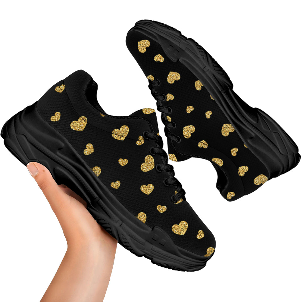 Gold And Black Heart Pattern Print Black Chunky Shoes