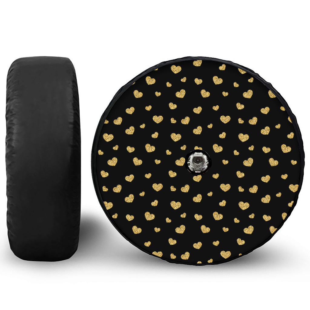 Gold And Black Heart Pattern Print Tire Cover With Camera Hole