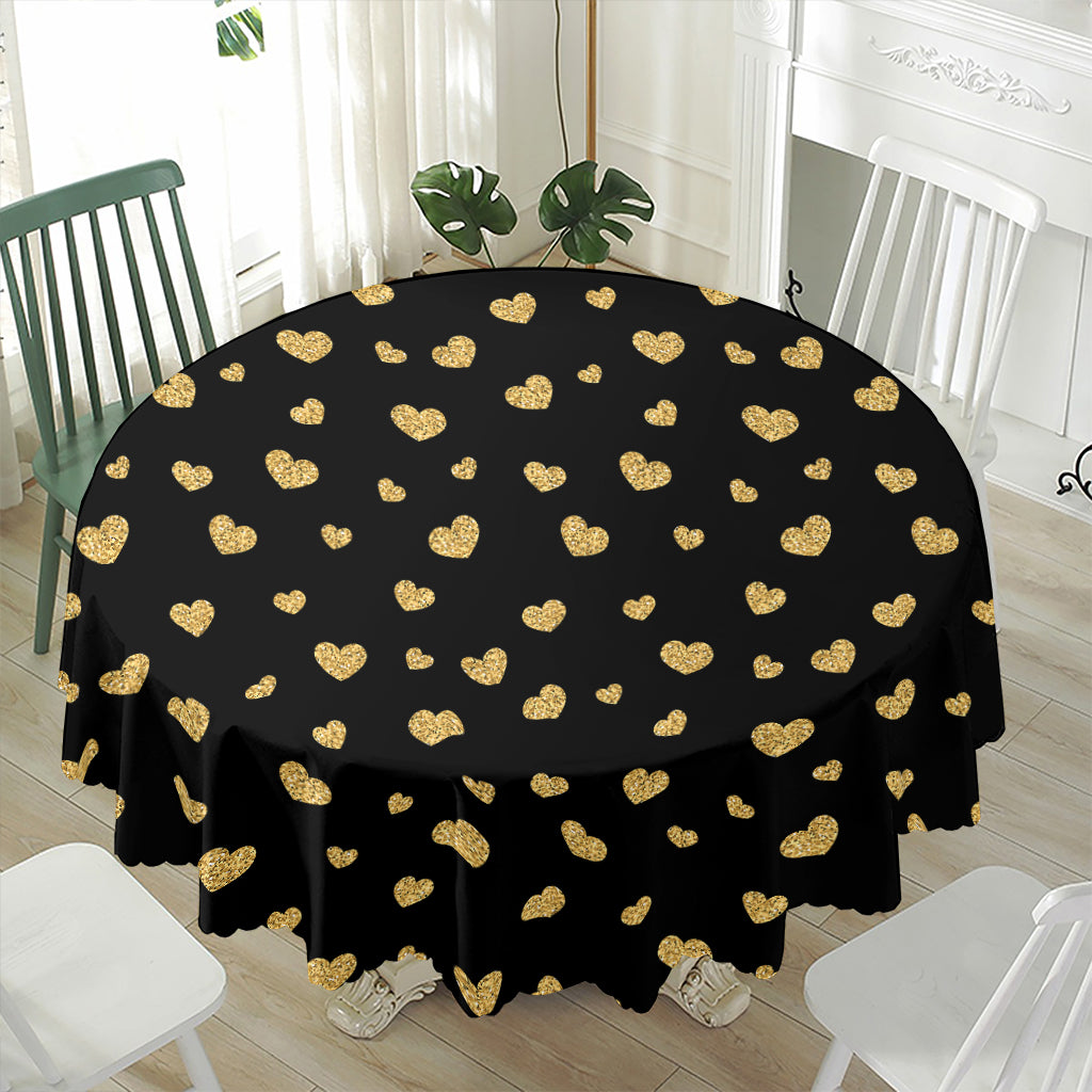 Gold And Black Heart Pattern Print Waterproof Round Tablecloth