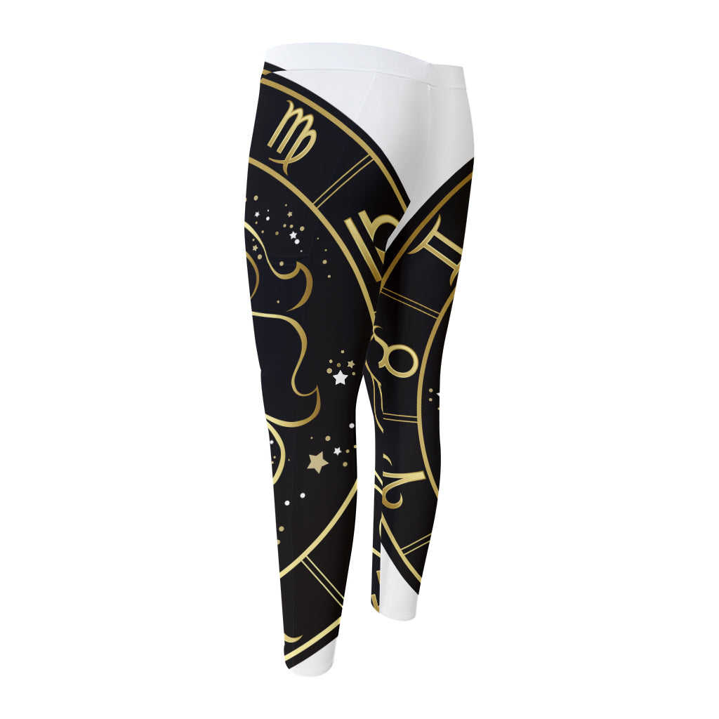 Gold And Black Leo Sign Print Men's Compression Pants
