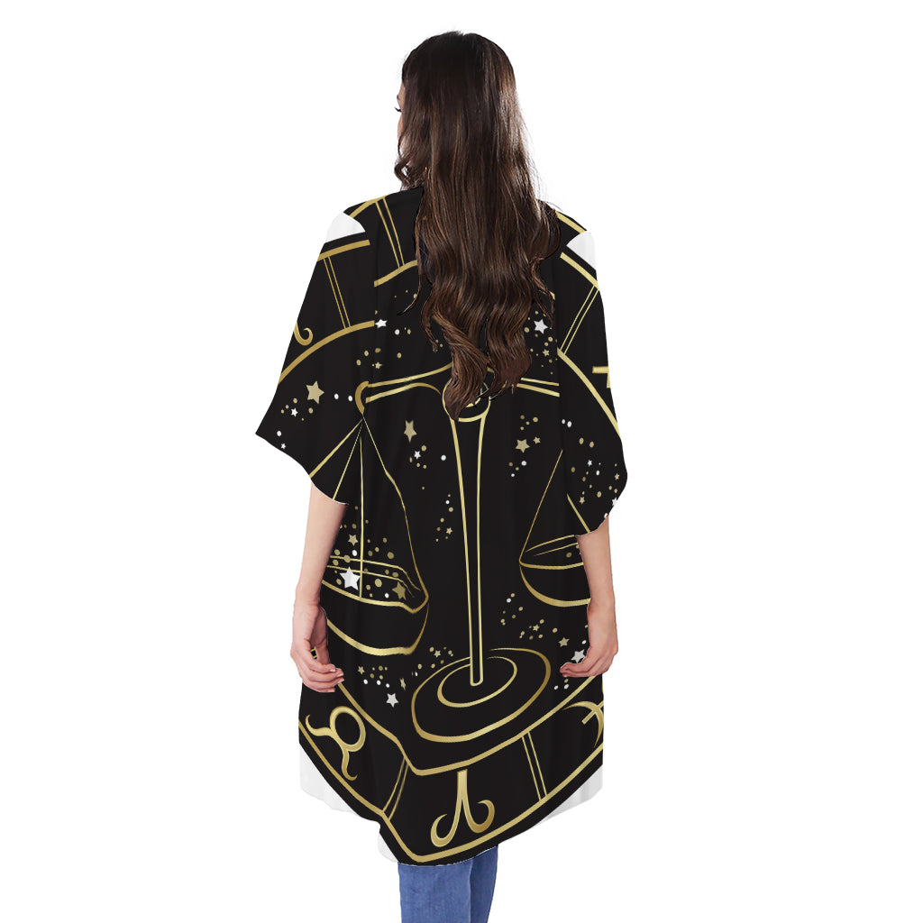 Gold And Black Libra Sign Print Open Front Beach Cover Up