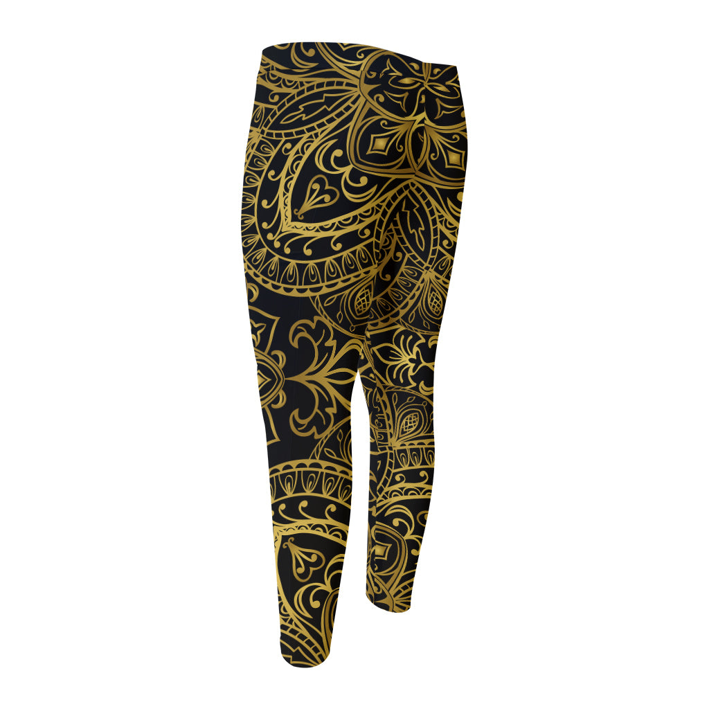 Gold And Black Mandala Print Men's Compression Pants