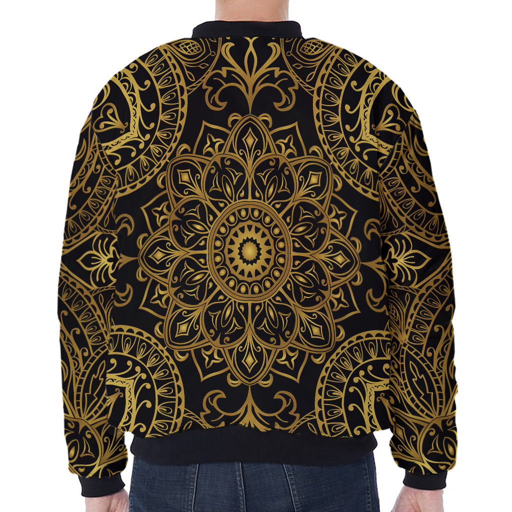 Gold And Black Mandala Print Zip Sleeve Bomber Jacket