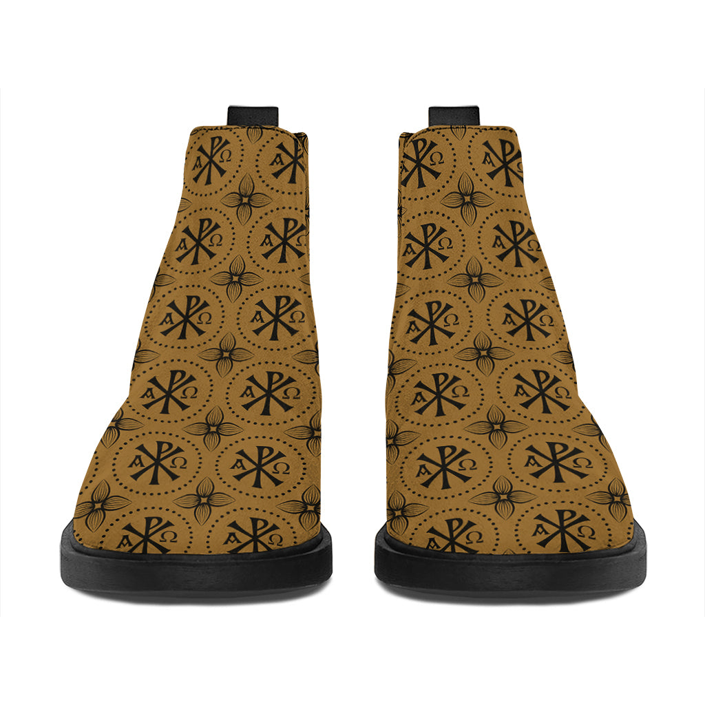 Gold And Black Orthodox Pattern Print Flat Ankle Boots