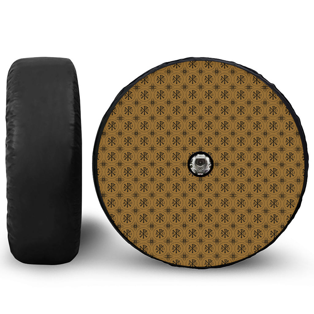 Gold And Black Orthodox Pattern Print Tire Cover With Camera Hole
