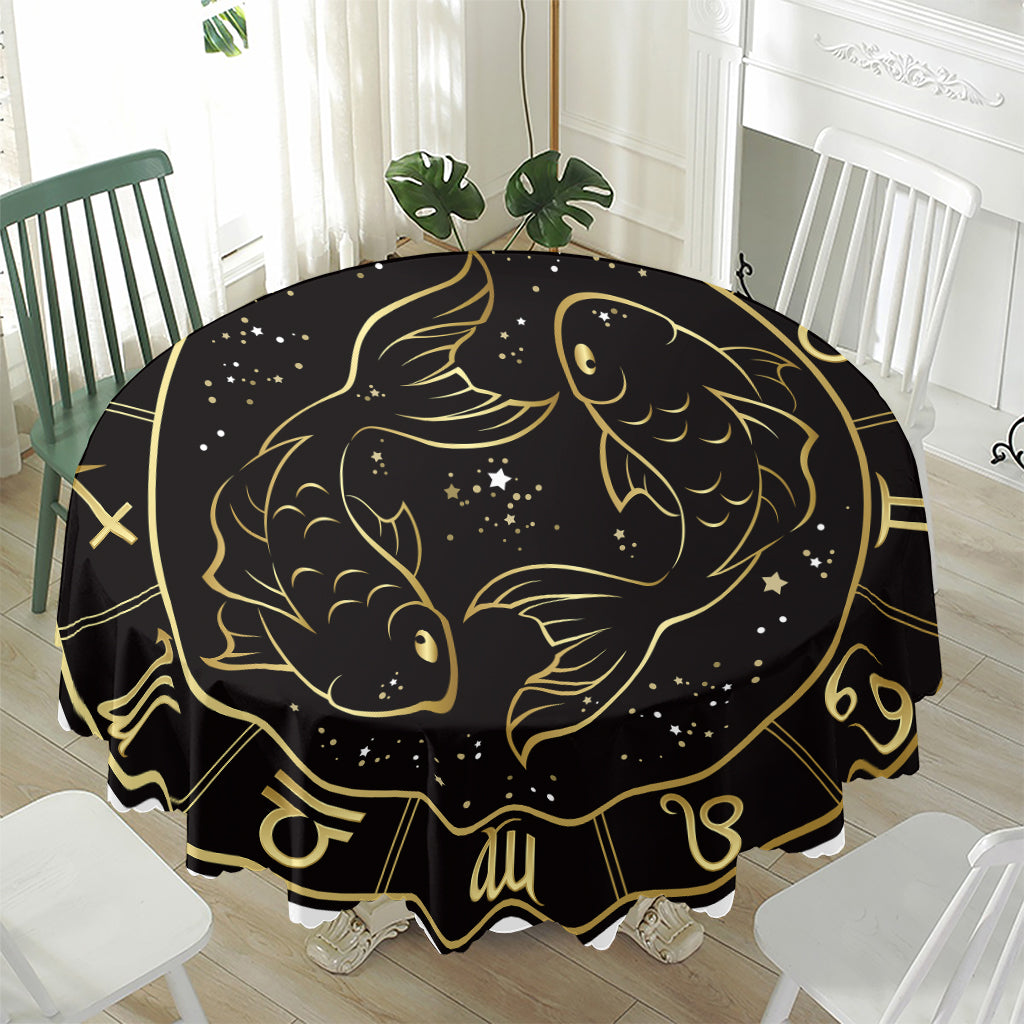 Gold And Black Pisces Sign Print Waterproof Round Tablecloth