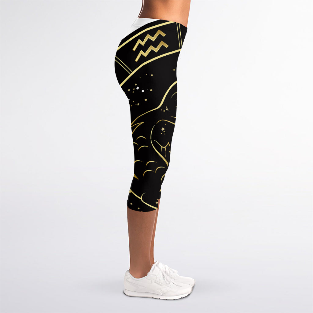 Gold And Black Pisces Sign Print Women's Capri Leggings