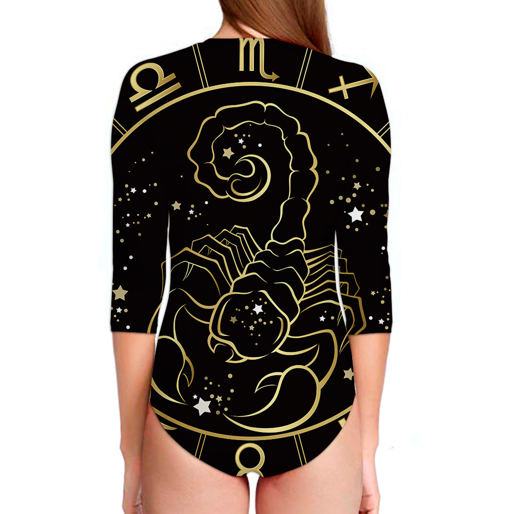 Gold And Black Scorpio Sign Print Long Sleeve Swimsuit