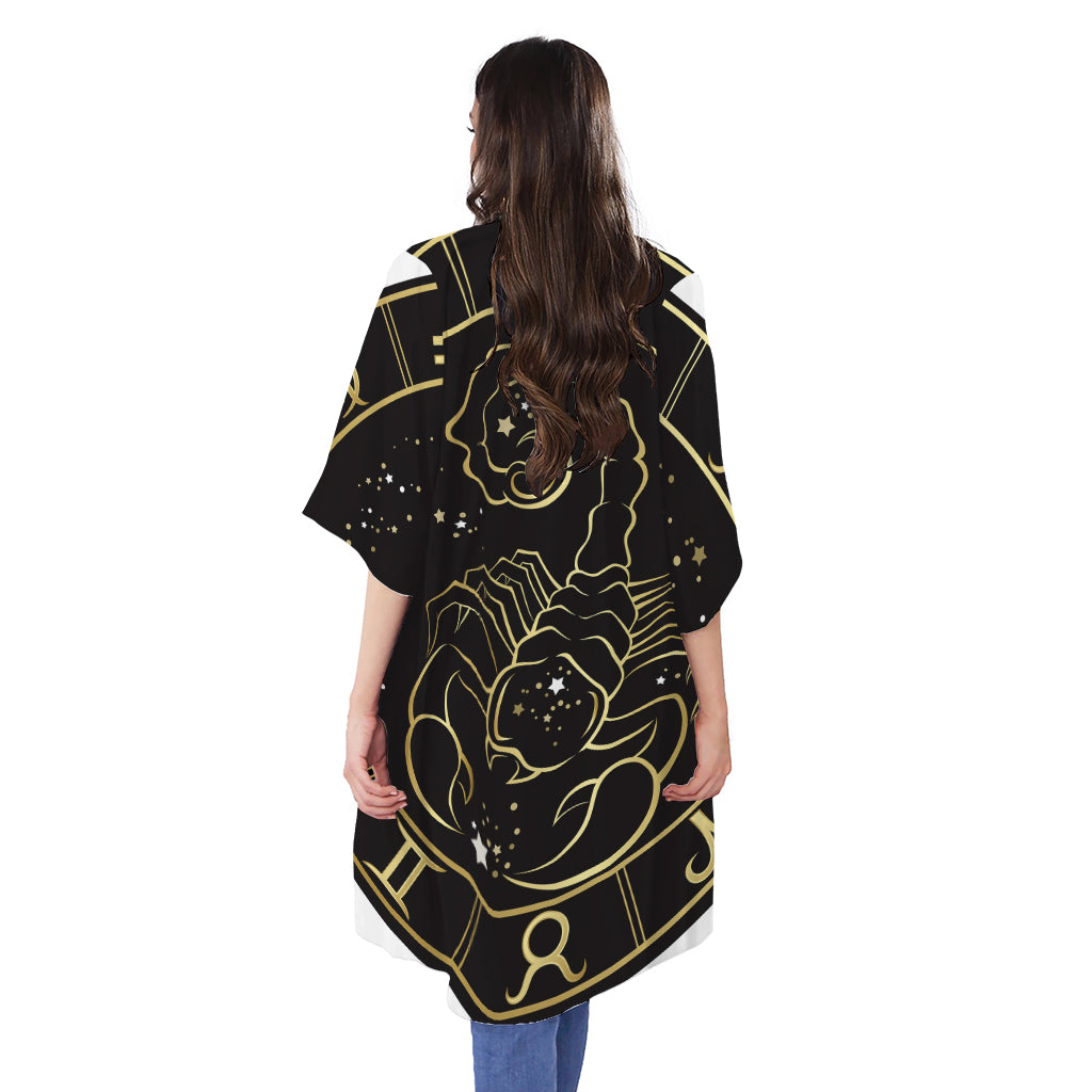 Gold And Black Scorpio Sign Print Open Front Beach Cover Up