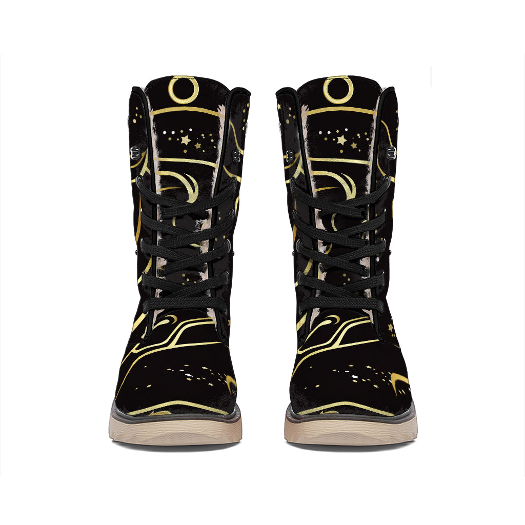 Gold And Black Taurus Sign Print Winter Boots