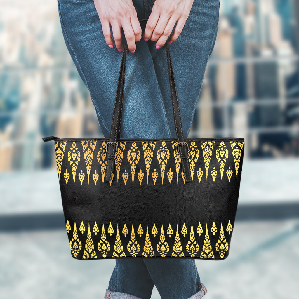 Gold And Black Thai Pattern Print Leather Tote Bag