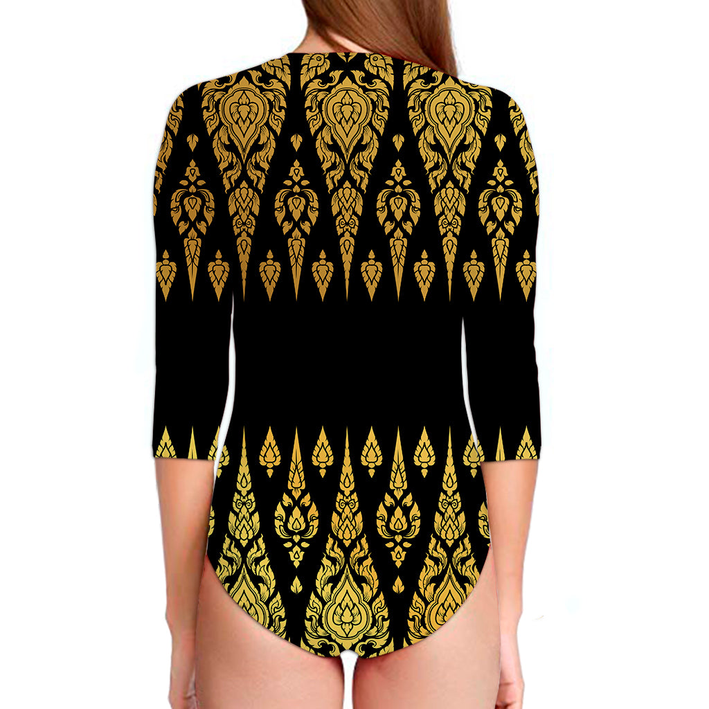 Gold And Black Thai Pattern Print Long Sleeve Swimsuit