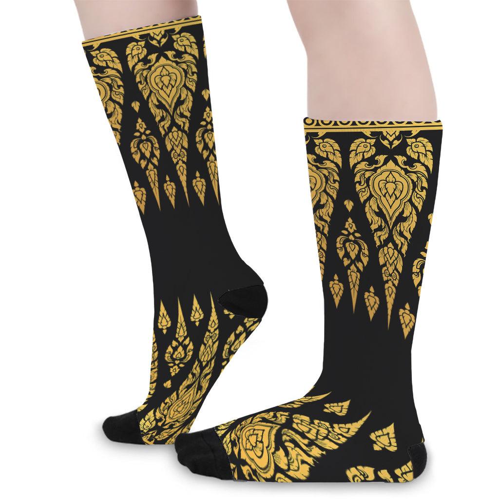 Gold And Black Thai Pattern Print Long Socks