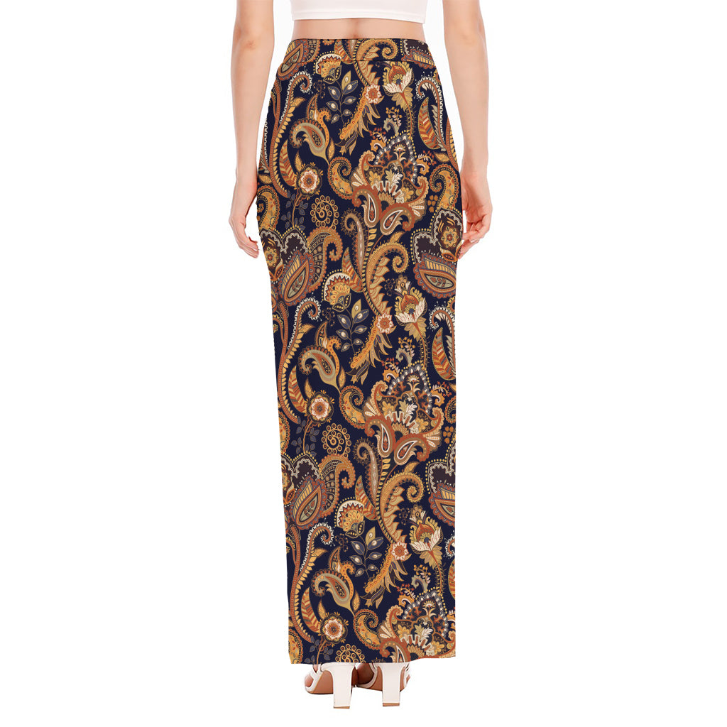 Gold And Blue Paisley Pattern Print High Slit Maxi Skirt