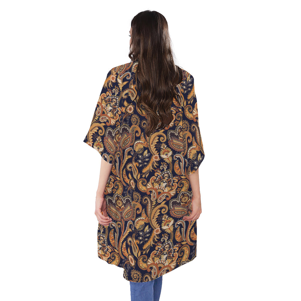 Gold And Blue Paisley Pattern Print Open Front Beach Cover Up