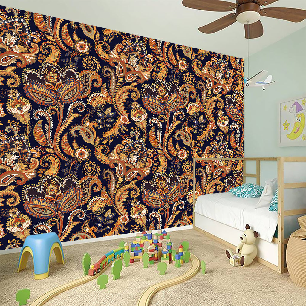 Gold And Blue Paisley Pattern Print Wall Sticker