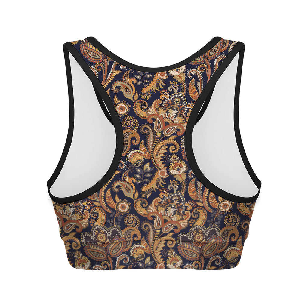 Gold And Blue Paisley Pattern Print Women's Sports Bra