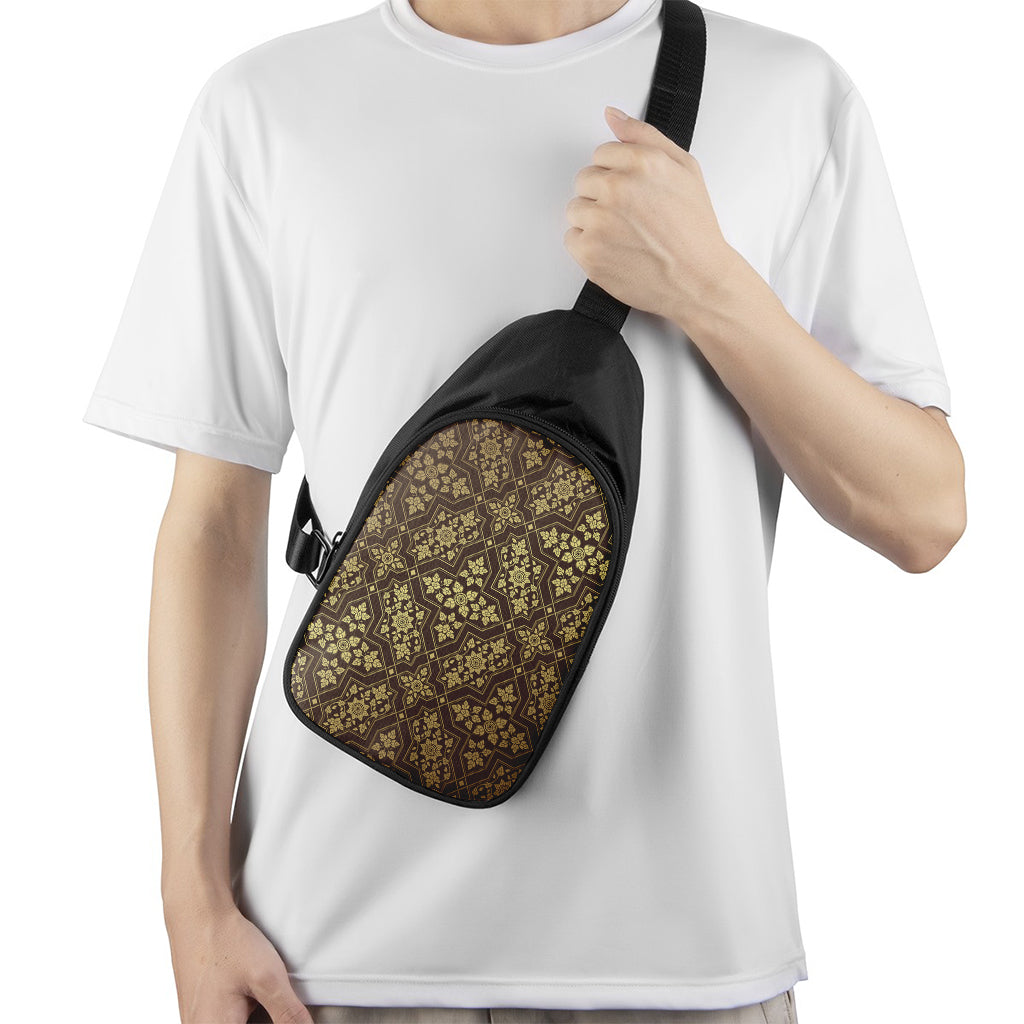 Gold And Brown Thai Pattern Print Chest Bag