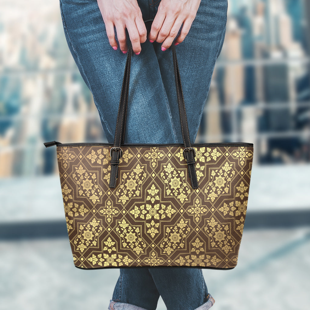 Gold And Brown Thai Pattern Print Leather Tote Bag