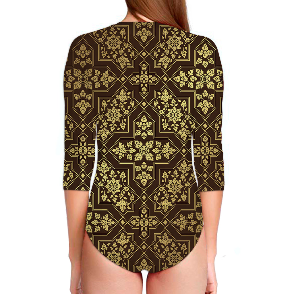 Gold And Brown Thai Pattern Print Long Sleeve Swimsuit
