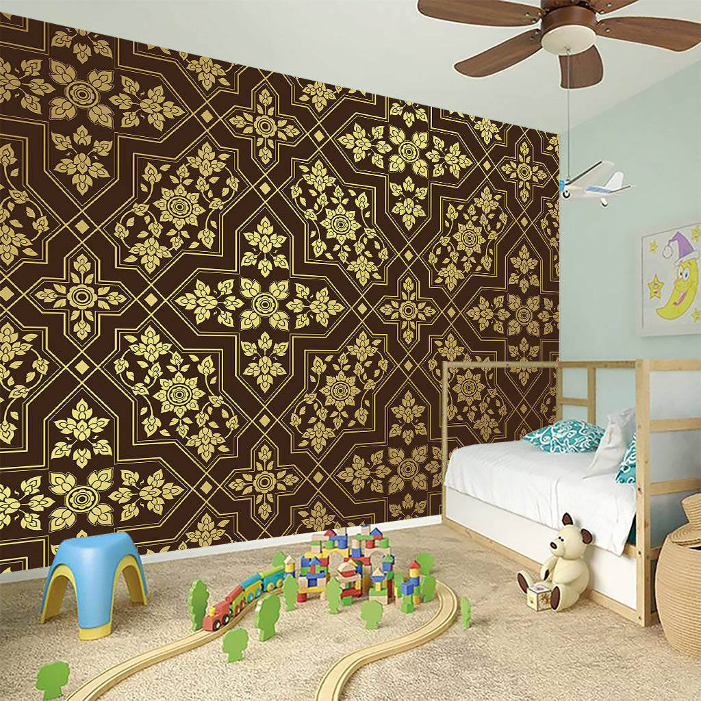 Gold And Brown Thai Pattern Print Wall Sticker