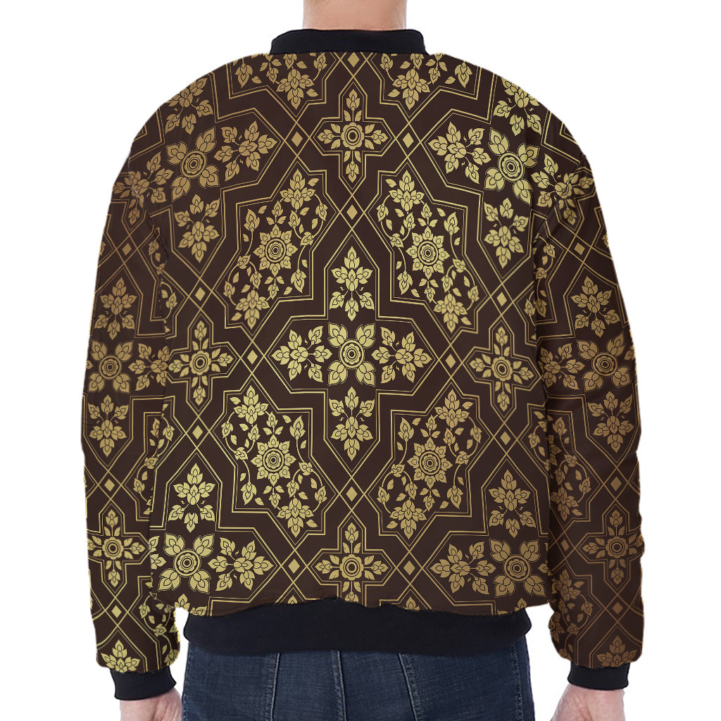 Gold And Brown Thai Pattern Print Zip Sleeve Bomber Jacket