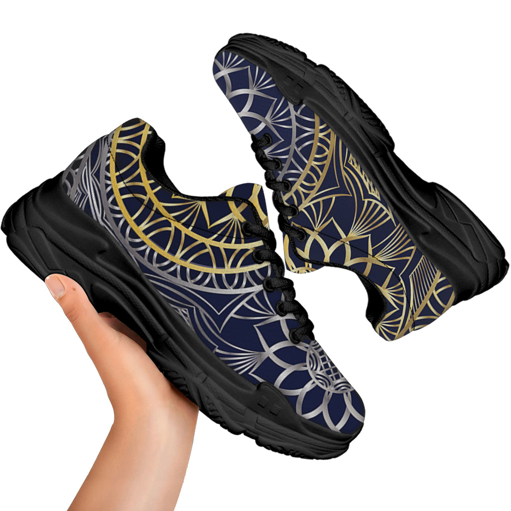 Gold And Grey Yin Yang Flower Print Black Chunky Shoes