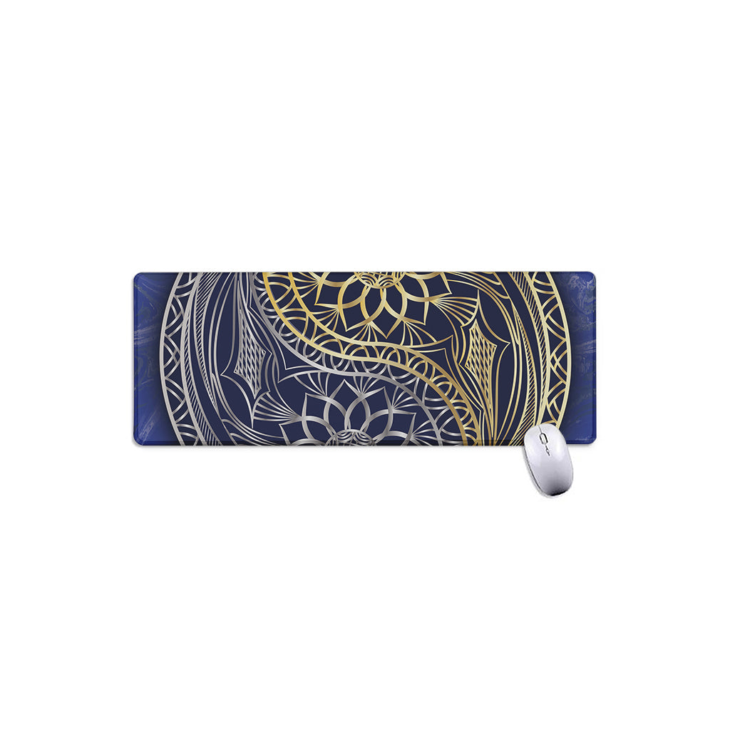 Gold And Grey Yin Yang Flower Print Extended Mouse Pad