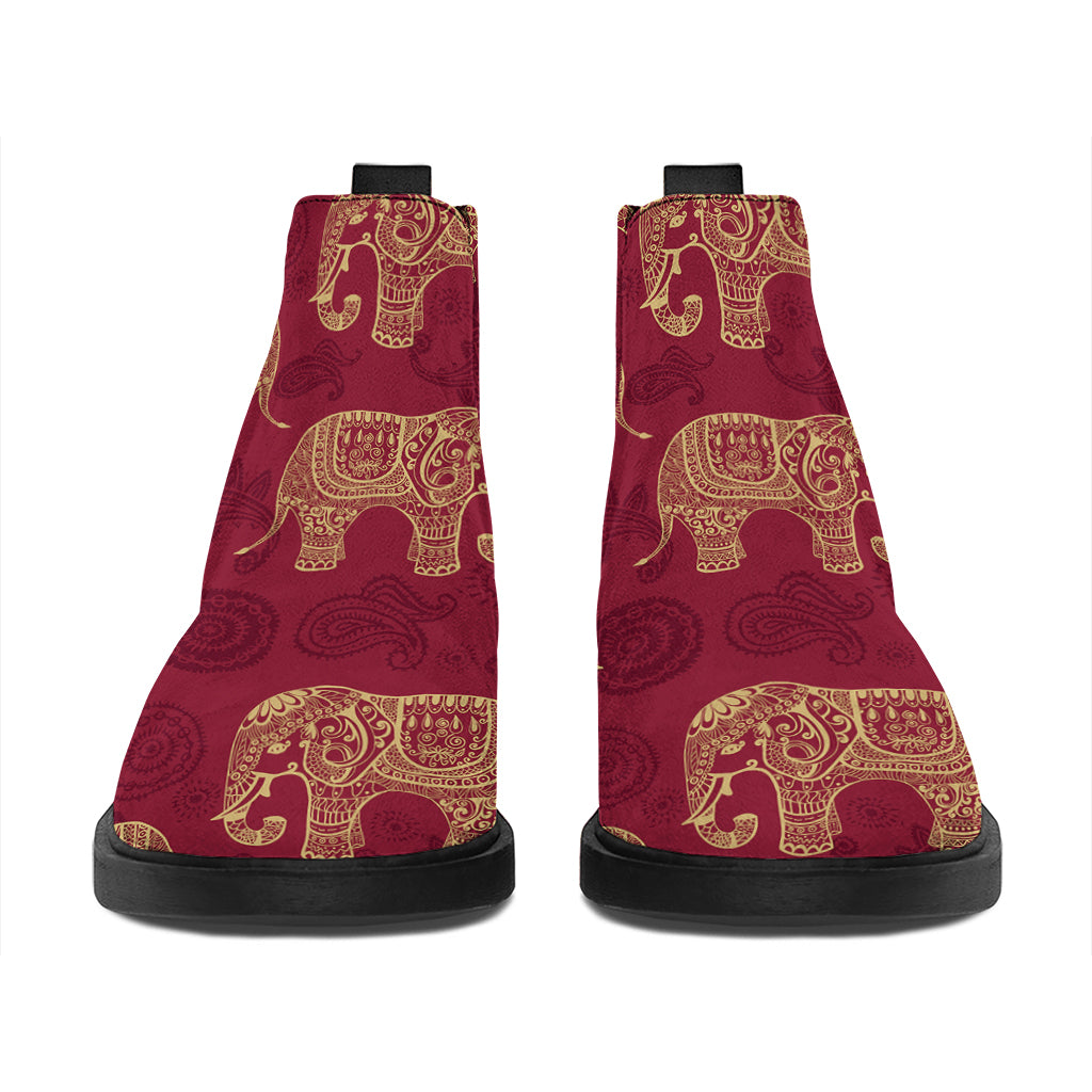 Gold And Red Boho Elephant Print Flat Ankle Boots
