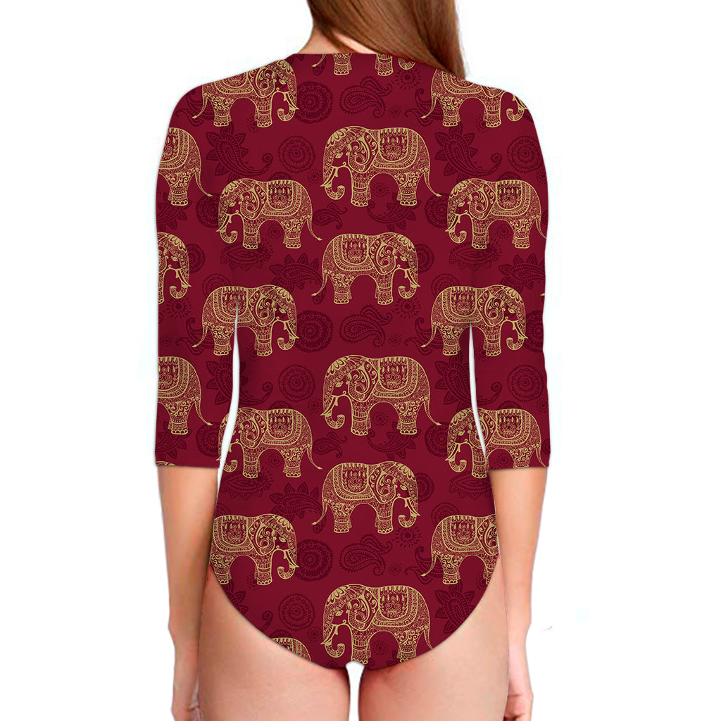 Gold And Red Boho Elephant Print Long Sleeve Swimsuit