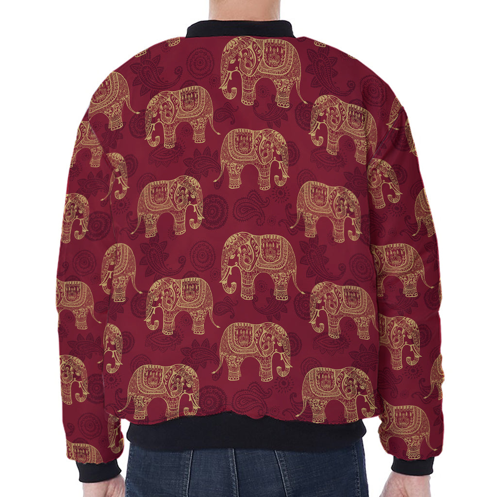 Gold And Red Boho Elephant Print Zip Sleeve Bomber Jacket