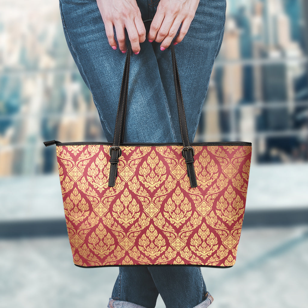 Gold And Red Thai Pattern Print Leather Tote Bag