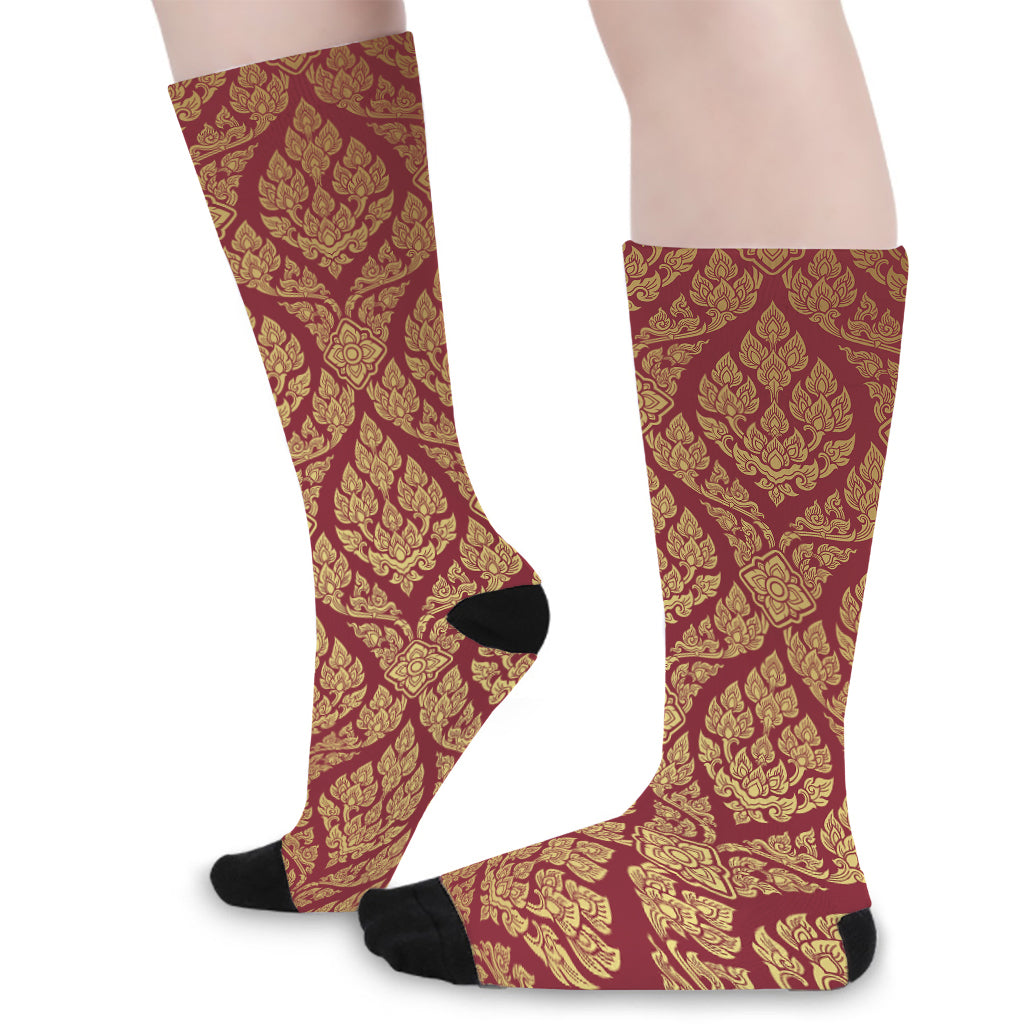 Gold And Red Thai Pattern Print Long Socks
