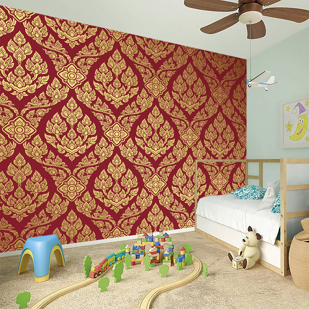 Gold And Red Thai Pattern Print Wall Sticker