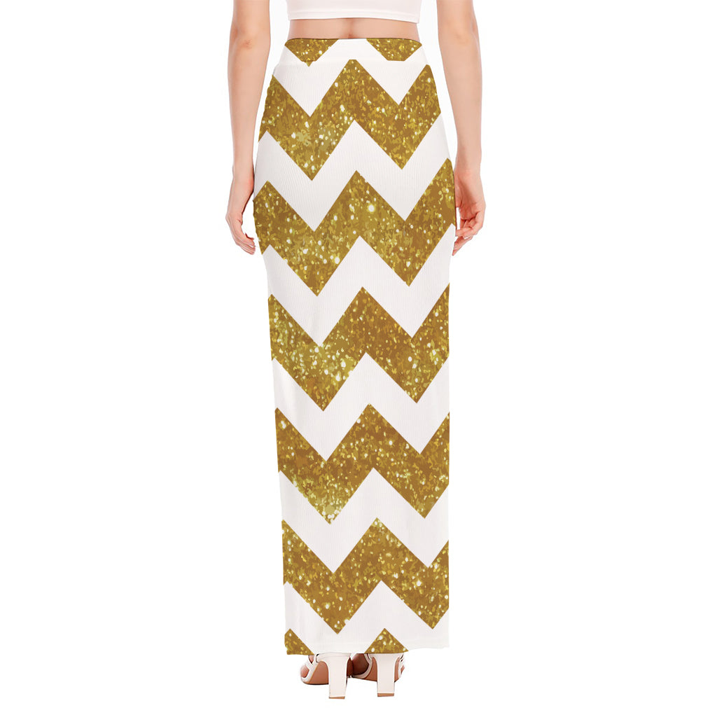 Gold And White Chevron Pattern Print High Slit Maxi Skirt