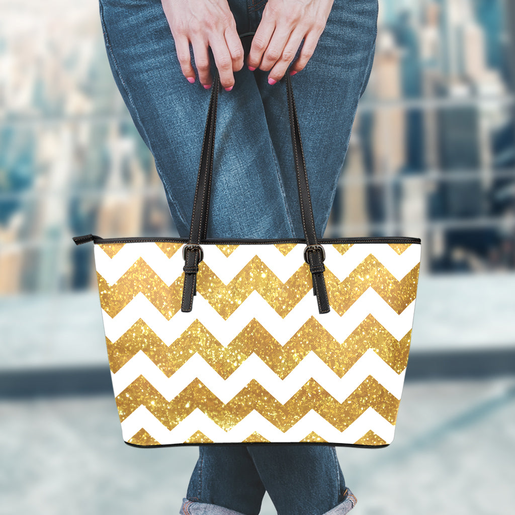 Gold And White Chevron Pattern Print Leather Tote Bag
